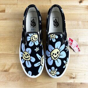 Vans Slip-On Sneakers Black with Light Blue & Yellow Smiley Flowers